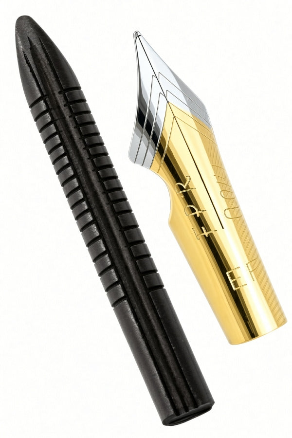 An FPR #5.5 EF Ultra Flex Nib and 4.7mm Ebonite Flex Feed Combo featuring a gold-colored ultra flex fountain pen nib and a black grooved ebonite feed.