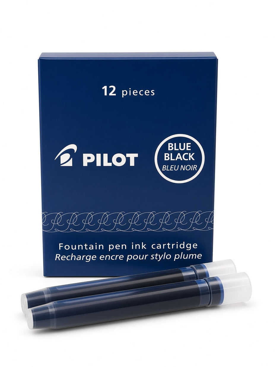 A box of Pilot fountain pen ink cartridges with two blue and black ink cartridges placed in front on a white background.