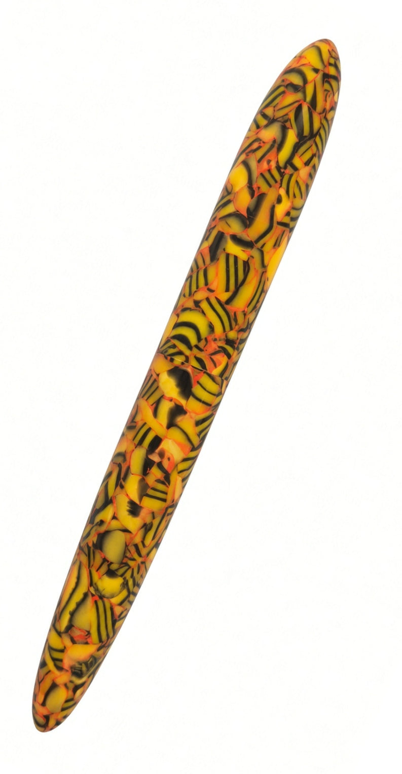 Ranga Giant 9B fountain pen with a cylindrical shape, a yellow, orange, and black marbled pattern, and a Bock nib.