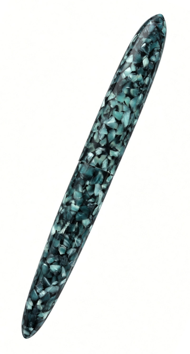 Capped Ranga Giant 9B fountain pen in a teal and black mosaic pattern with a Bock nib.