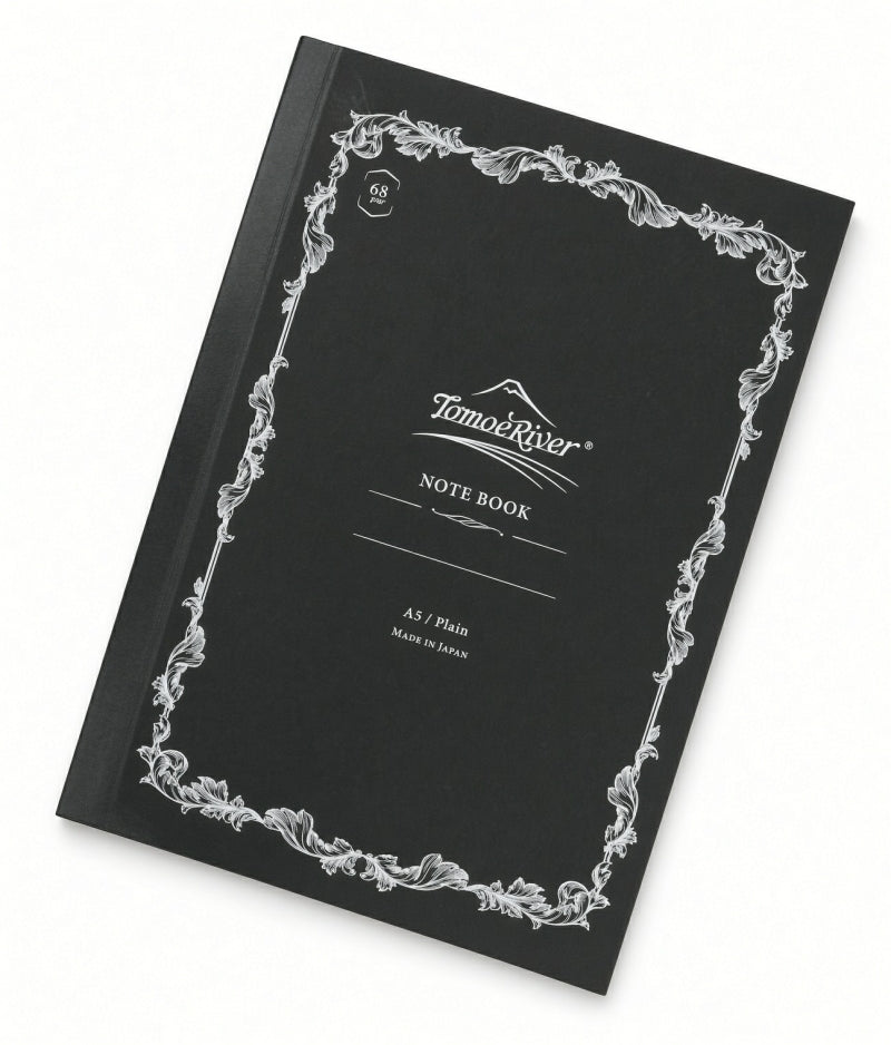 Black A5 Tomoe River Notebook - Blank (68gsm) with a decorative white border, featuring the text Tomoe River, NOTE BOOK, 68 gsm, and A5 / Plain on the cover.