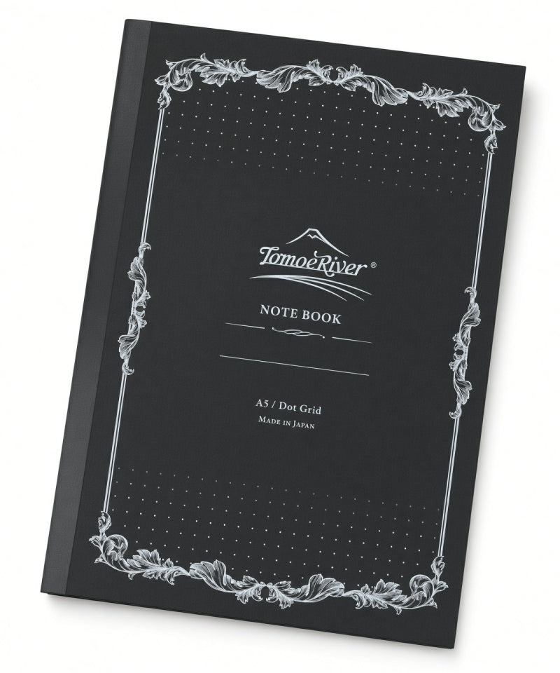 Black Tomoe River A5 Notebook - Dot Grid (52gsm) featuring a white decorative border and center text.