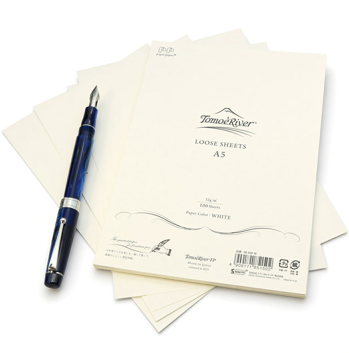 A stack of white Tomoe River A5 Loose-leaf Sheets (52gsm) with a blue fountain pen resting on top.