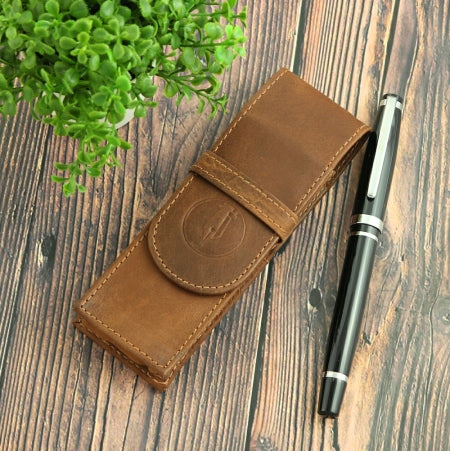 Leather Flap Pen Case for Three Pens - Brown