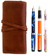 The FPR Three-Pen Bundle features a brown leather pen roll displayed alongside three upright fountain pens—one blue marbled, one orange, and one clear with gold accents—on a white background. This elegant arrangement creates a sophisticated pen gift set perfect for any writing enthusiast.