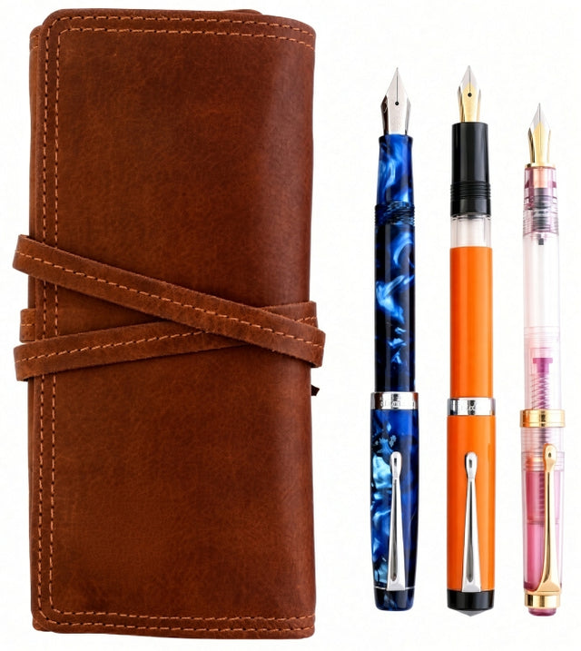 The FPR Three-Pen Bundle features a brown leather pen roll displayed alongside three upright fountain pens—one blue marbled, one orange, and one clear with gold accents—on a white background. This elegant arrangement creates a sophisticated pen gift set perfect for any writing enthusiast.