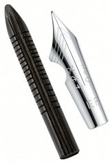 A black 4.7mm Ebonite Flex Feed next to a silver FPR #5.5 EF Ultra Flex Nib with extra fine tipping engraved as EF.