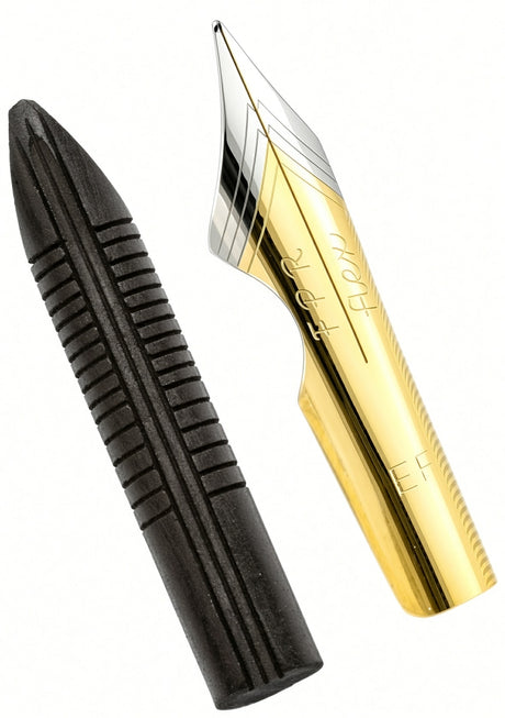 An FPR #6 EF Ultra Flex Nib and 6.3mm Ebonite Flex Feed Combo consisting of an ultra flex metallic gold and silver fountain pen nib positioned next to a black ribbed ebonite ink feed.