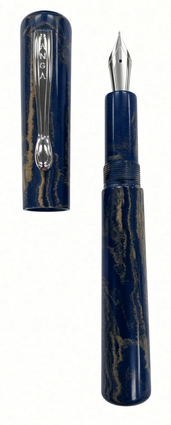 Ranga Radiant fountain pen in blue with brown marble patterning, shown uncapped with its cap positioned to the left.