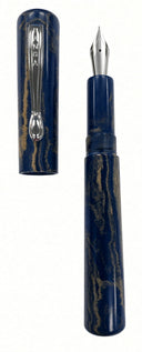 Ranga Radiant fountain pen in blue with brown marble patterning, shown uncapped with its cap positioned to the left.