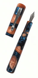 A Ranga Radiant fountain pen in marbled blue and copper resin, shown with the cap removed to reveal the metal JoWo #6 nib.