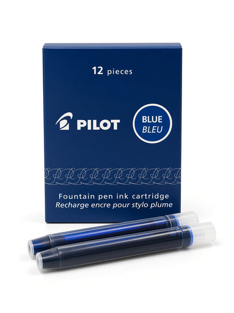 A box of Pilot fountain pen ink cartridges, blue ink, with two individual cartridges displayed in front on a clean white background.