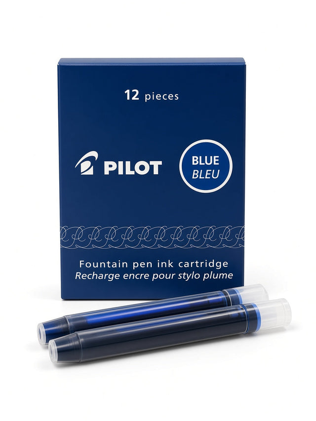 A box of Pilot fountain pen ink cartridges, blue ink, with two individual cartridges displayed in front on a clean white background.