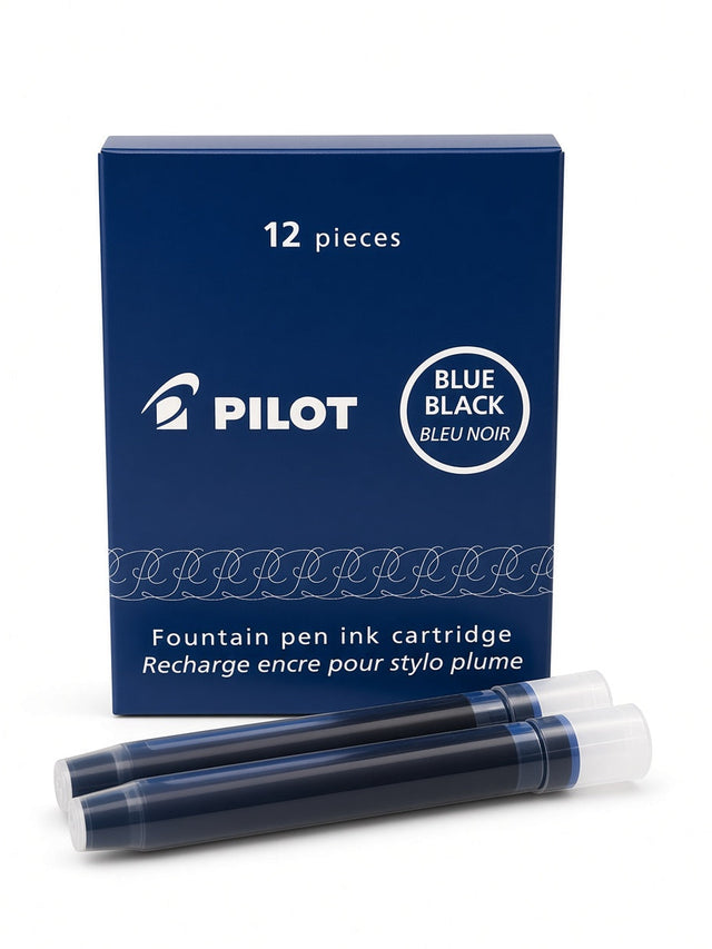 A box of Pilot fountain pen ink cartridges with two blue and black ink cartridges placed in front on a white background.