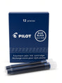 A box of Pilot fountain pen ink cartridges with two blue and black ink cartridges placed in front on a white background.