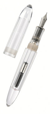 Clear Ranga Giant 9B fountain pen with a Bock nib and ink converter, shown with its cap removed.