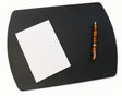 A black Girologio Writing Mat - Black with rounded corners, featuring a lined notepad and an orange marbled fountain pen, providing stylish desk protection.