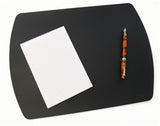 A black Girologio Writing Mat - Black with rounded corners, featuring a lined notepad and an orange marbled fountain pen, providing stylish desk protection.