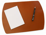 A brown rectangular Girologio Writing Mat - Cognac with rounded corners, featuring a blank lined notepad and a fountain pen placed on its surface.
