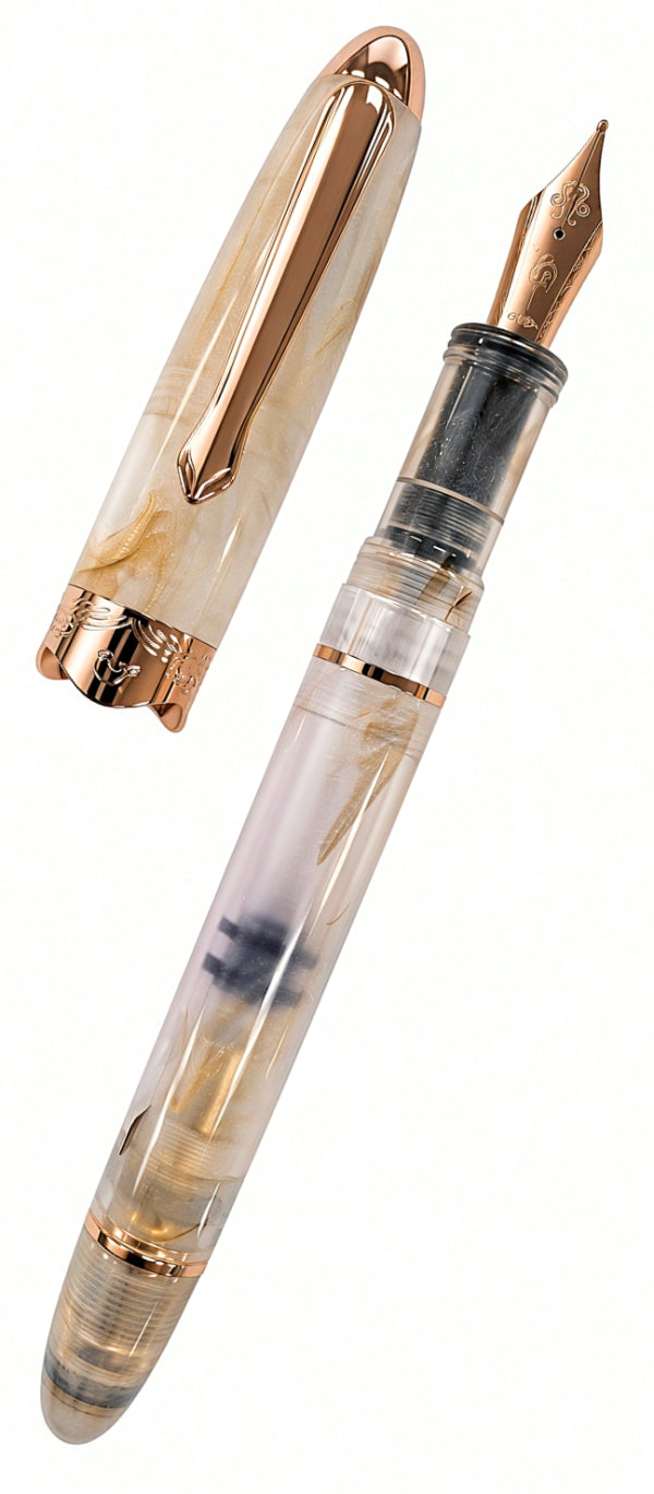 A translucent Nahvalur Horizon Fountain Pen with rose gold-tone trim and an engraved nib, shown uncapped with its pearlescent acrylic body.