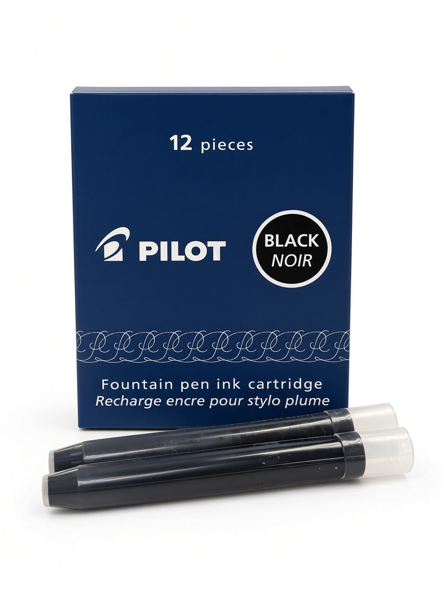 A box of Pilot fountain pen ink cartridges, 12 pieces, in black, shown with two individual black cartridges in clear plastic cases in front of the box on a white background.
