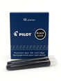 A box of Pilot fountain pen ink cartridges, 12 pieces, in black, shown with two individual black cartridges in clear plastic cases in front of the box on a white background.