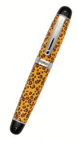 Opus 88 Mini Pocket Pen in a yellow and brown leopard print pattern with a silver clip, black end caps, and an ink shut-off valve.