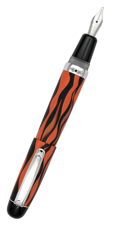Opus 88 Mini Pocket Pen in a bright orange and black tiger-stripe pattern, featuring a silver clip and a metal nib.