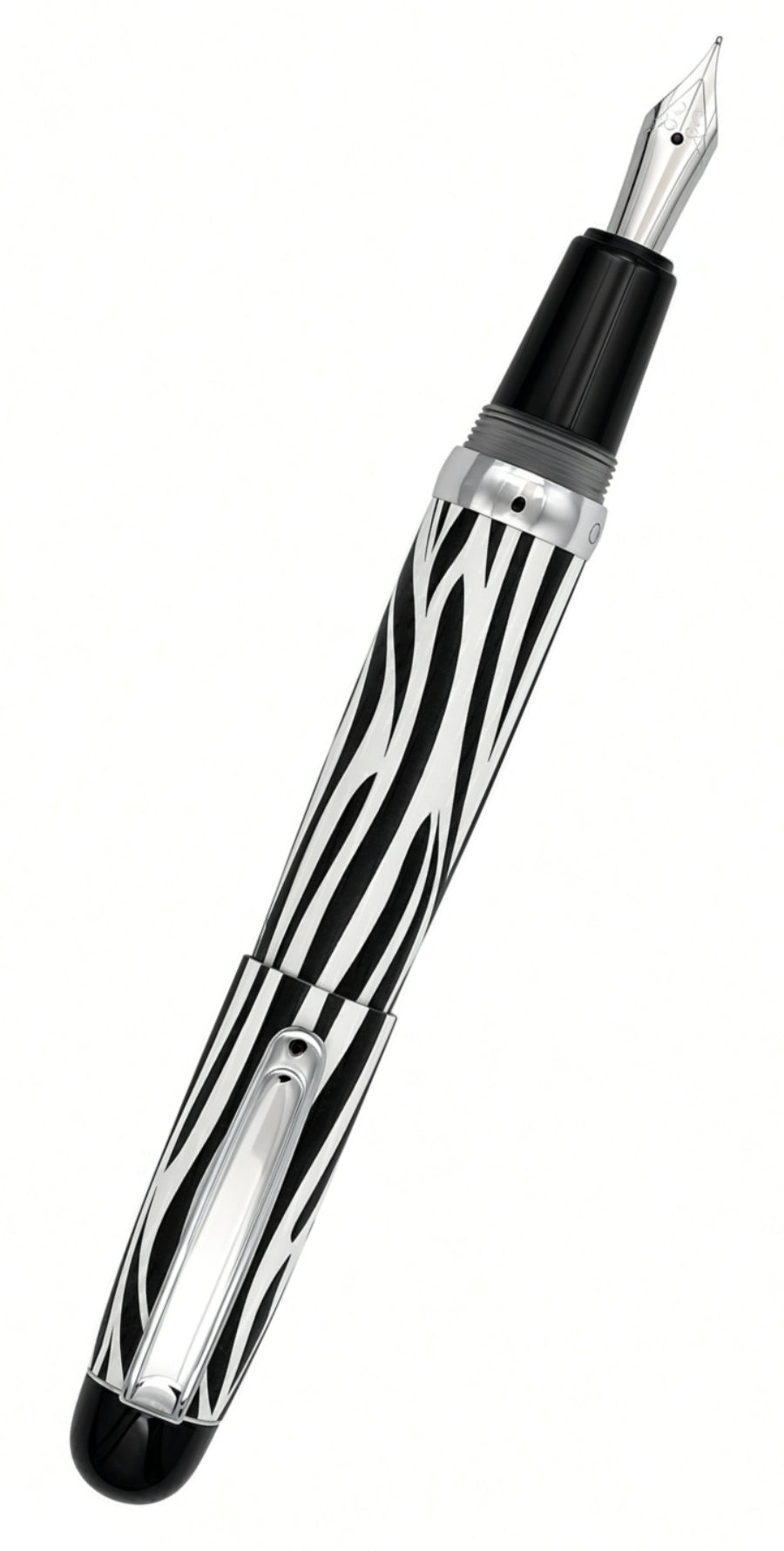 Opus 88 Mini Pocket Pen featuring a black and white zebra-striped body, a silver clip, and a black cap end.