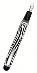 Opus 88 Mini Pocket Pen featuring a black and white zebra-striped body, a silver clip, and a black cap end.