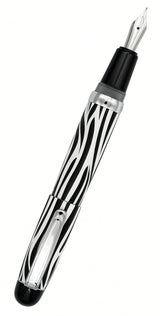 Opus 88 Mini Pocket Pen featuring a black and white zebra-striped body, a silver clip, and a black cap end.