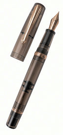 Translucent grey Nahvalur Original Fountain Pen with rose gold trim and an uncapped ultra flex nib.
