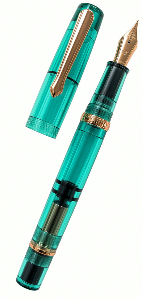 Translucent teal Nahvalur Original Fountain Pen with rose gold trim and a detached cap, shown against a white background.