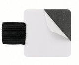 A square white FPR Pen Loop - self-adhesive pen notebook holder features one corner partially peeled to reveal a dark backing. Affixed to the patch’s left side is a short, thick black elastic pen loop—making it an ideal adhesive pen holder and practical journal accessory for keeping your favorite writing tool always within reach.