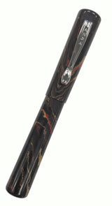 Ranga Radiant fountain pen in a black, red, and gold marbled pattern with a silver clip.