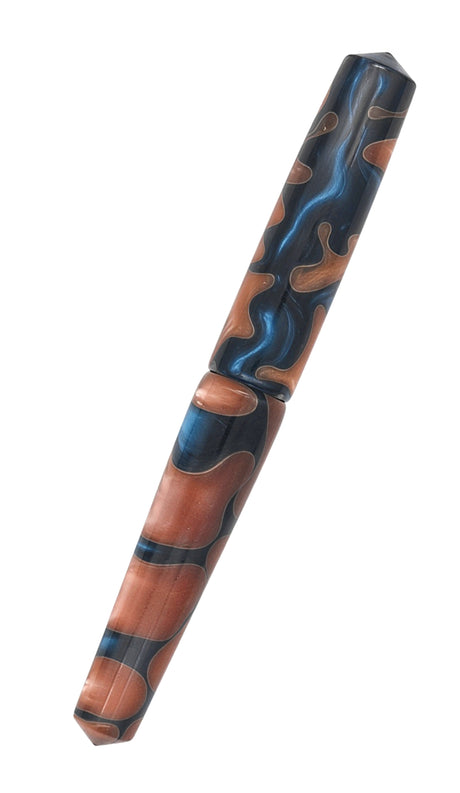 Ranga Abhimanyu Premium Ebonite Fountain Pen with a cap and body featuring a blue and brown swirling pattern.