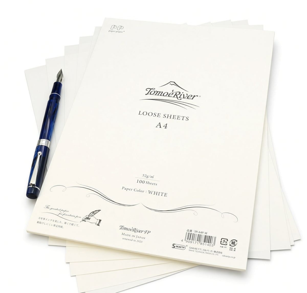 A stack of Tomoe River A4 Loose-leaf Sheets - White (52gsm) with a blue fountain pen resting on top.