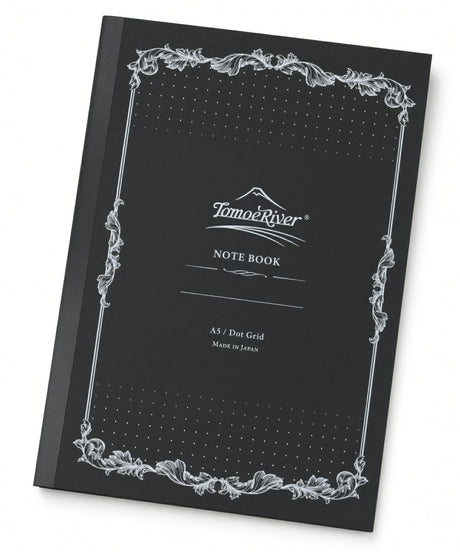 Black Tomoe River A5 Notebook - Dot Grid (52gsm) featuring a white decorative border and center text.