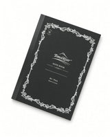 Black B6 Tomoe River B6 Notebook -Blank (68gsm) with a white ornate leaf border and NOTE BOOK printed on the cover, featuring fountain pen friendly paper.